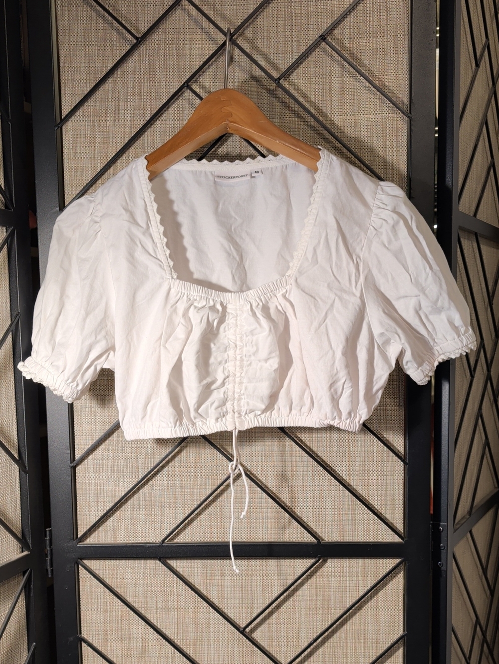White Cropped Puff-Sleeve Peasant Blouse with Drawstring